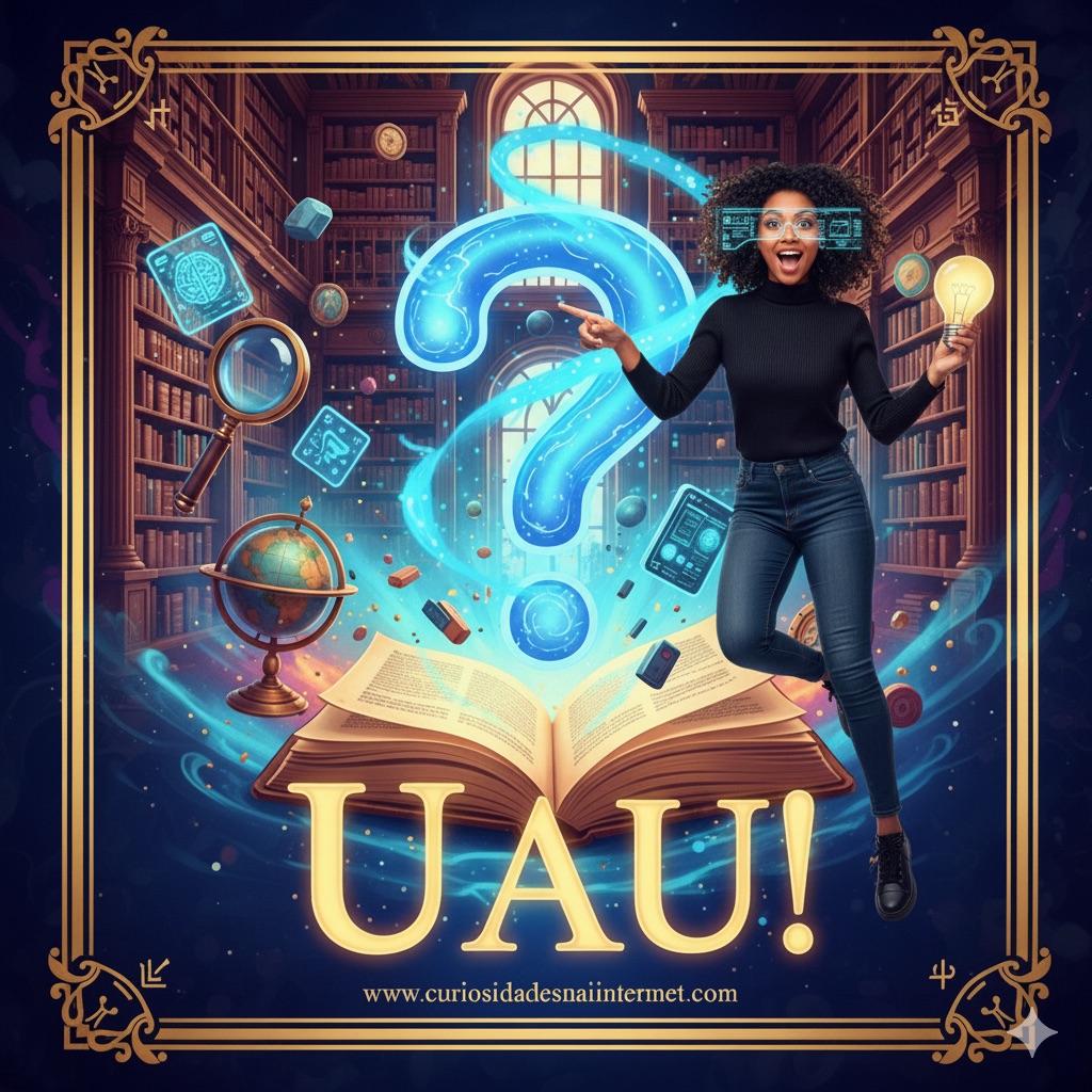 Coruja de óculos sentada em livros com um ponto de interrogação flutuante, representando curiosidade e descobertas na internet, com bordas largas.